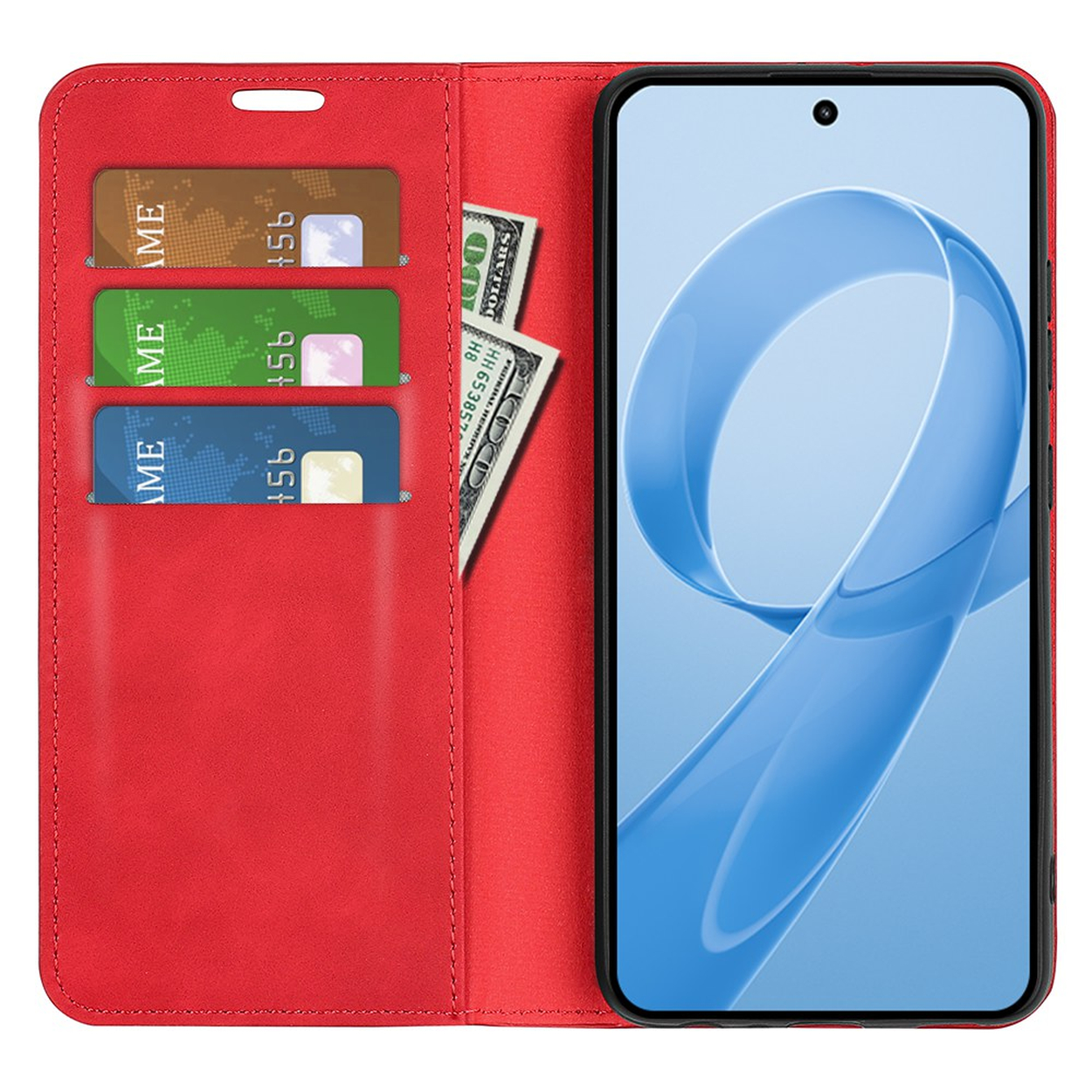 Rode portemonneehoes met drie kaartsleuven en contant geld, houdt een smartphone vast.