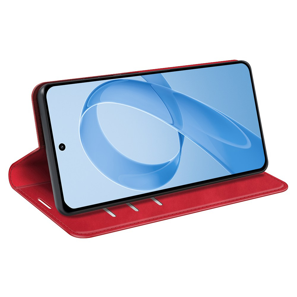 Rode smartphone in open flip case met blauwe schermanimatie.