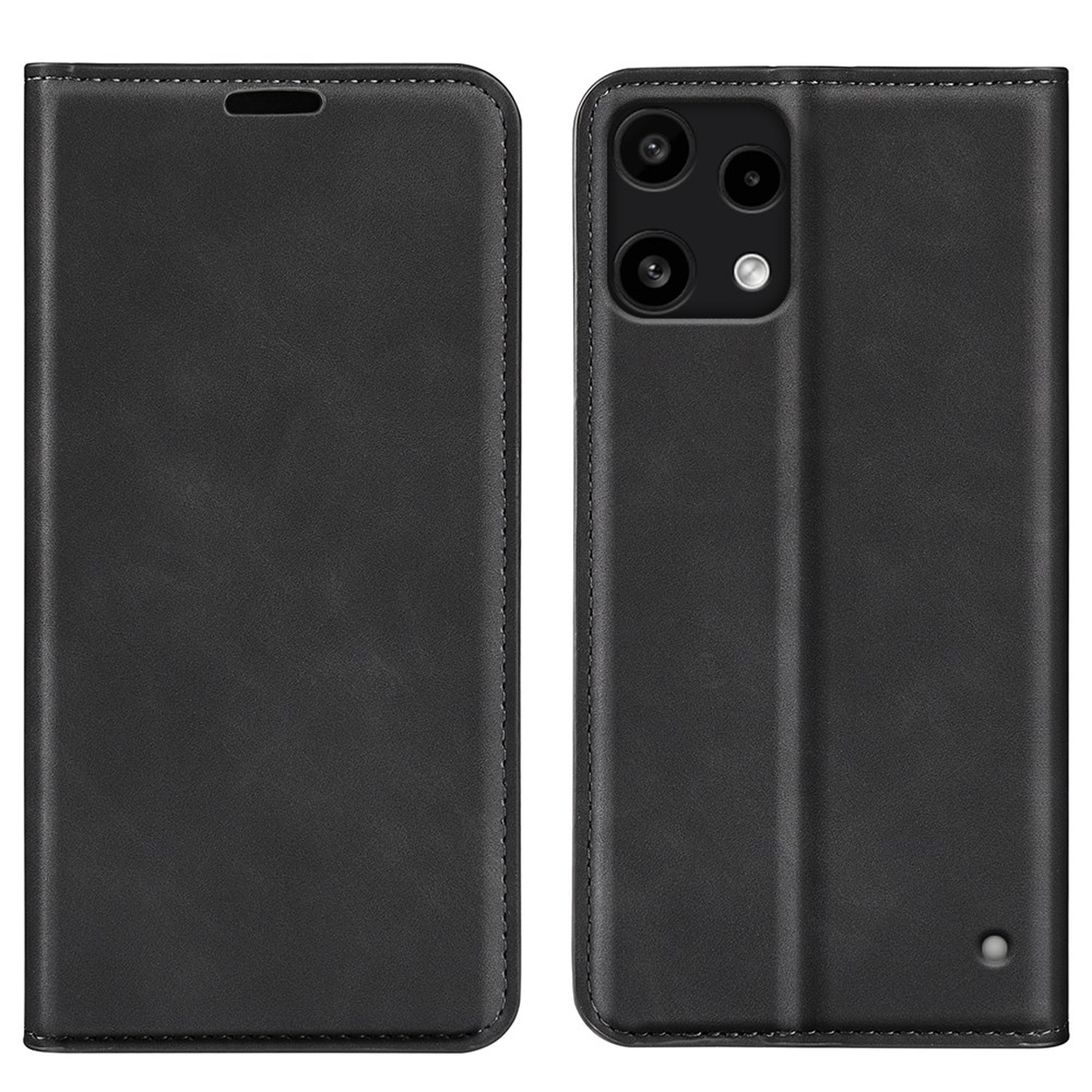 Zwarte flip telefoonhoes, voor- en achterkant, met camera-opening.