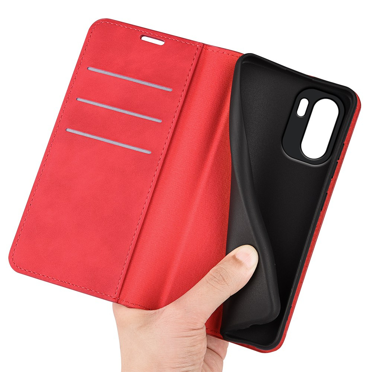 Rode flip telefoonhoes met kaartsleuven en zwart interieur.