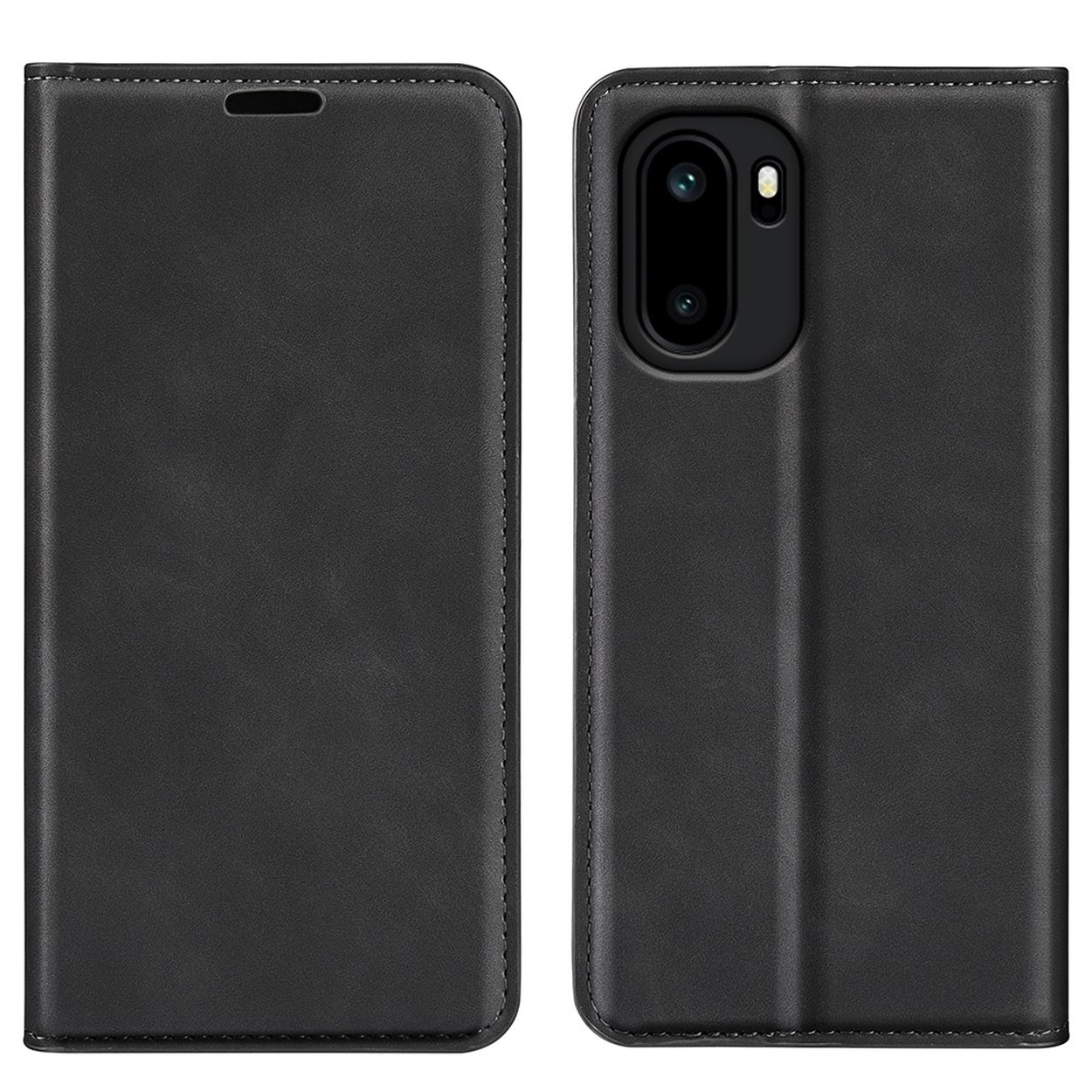 Zwarte leren flip case met telefooncamera-uitsparing aan de rechterkant.