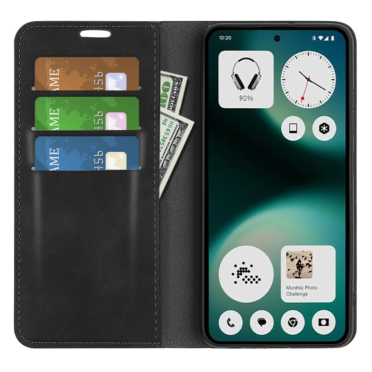 Zwarte telefoonhoes met kaartsleuven, bankbiljetten en een smartphone met widgets.
