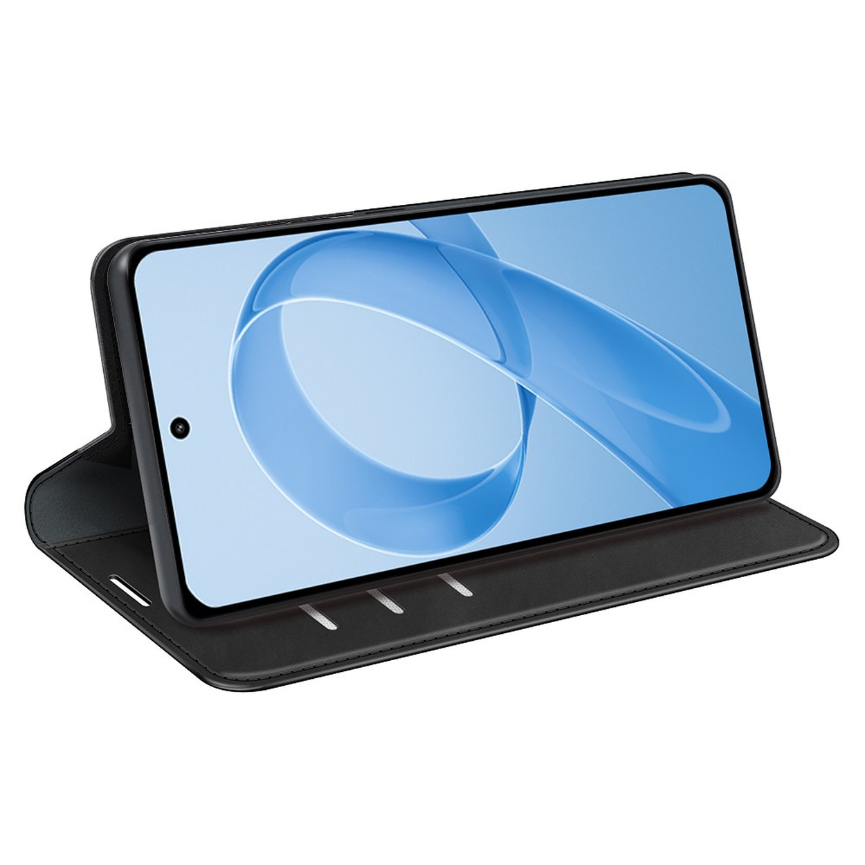 Zwarte smartphone in open hoesje met blauw behang.