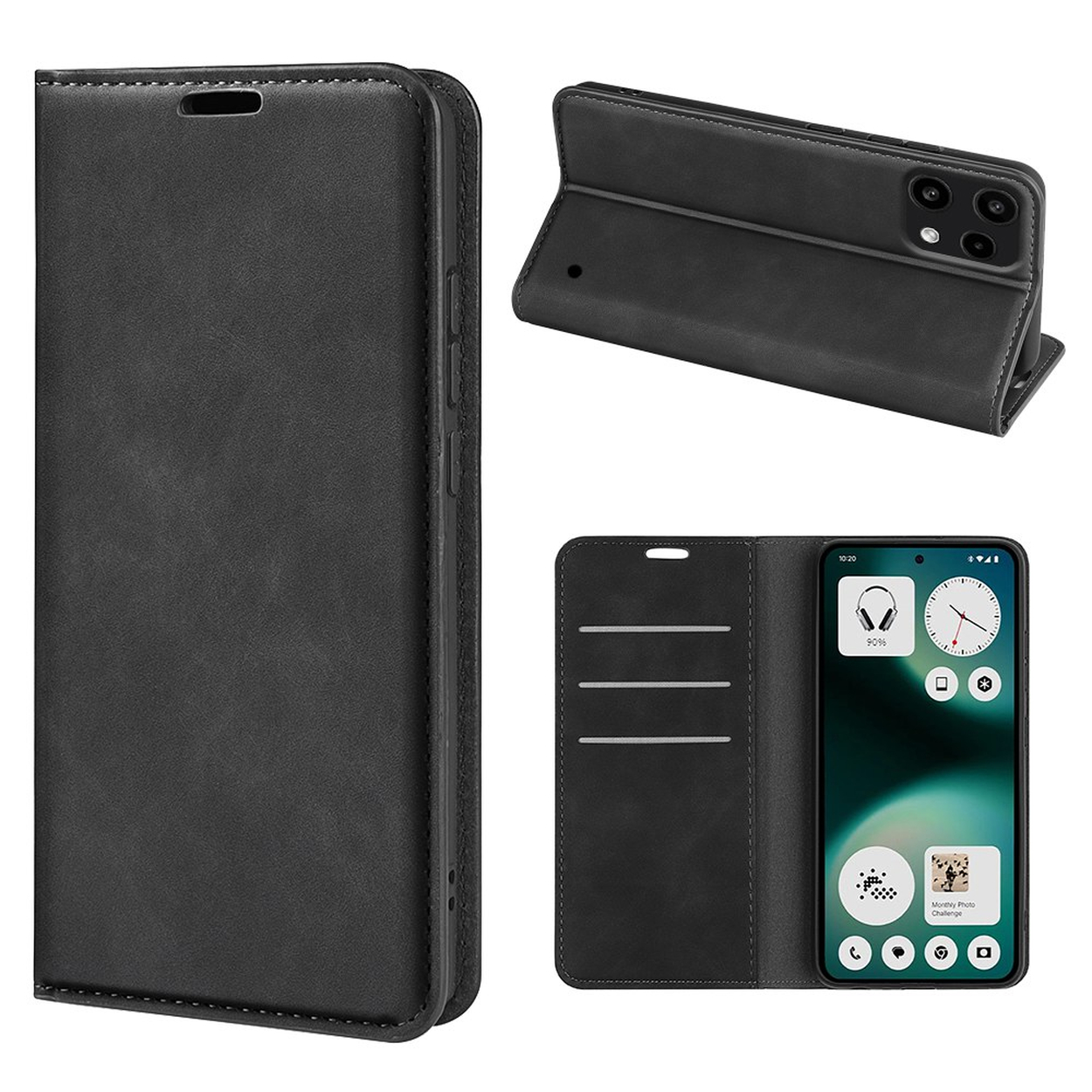 Zwart leren flipcase voor smartphone, met open klep die telefoondisplay toont.