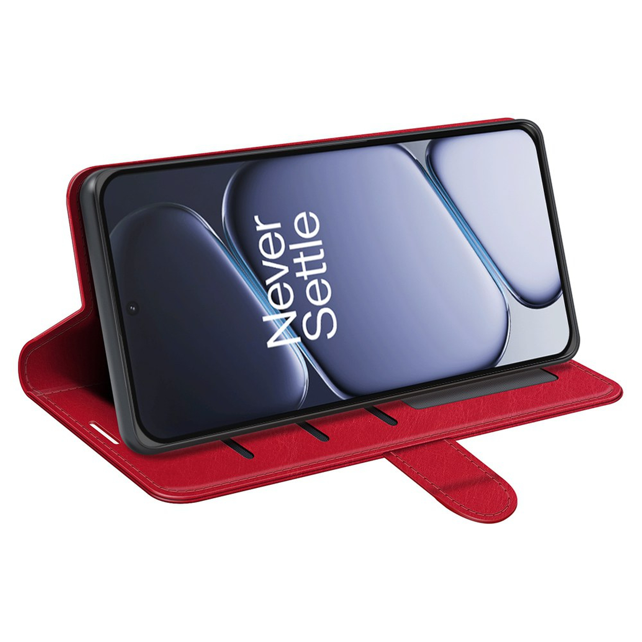 Rode smartphone flip case met telefoon die "Never Settle" tekst toont.