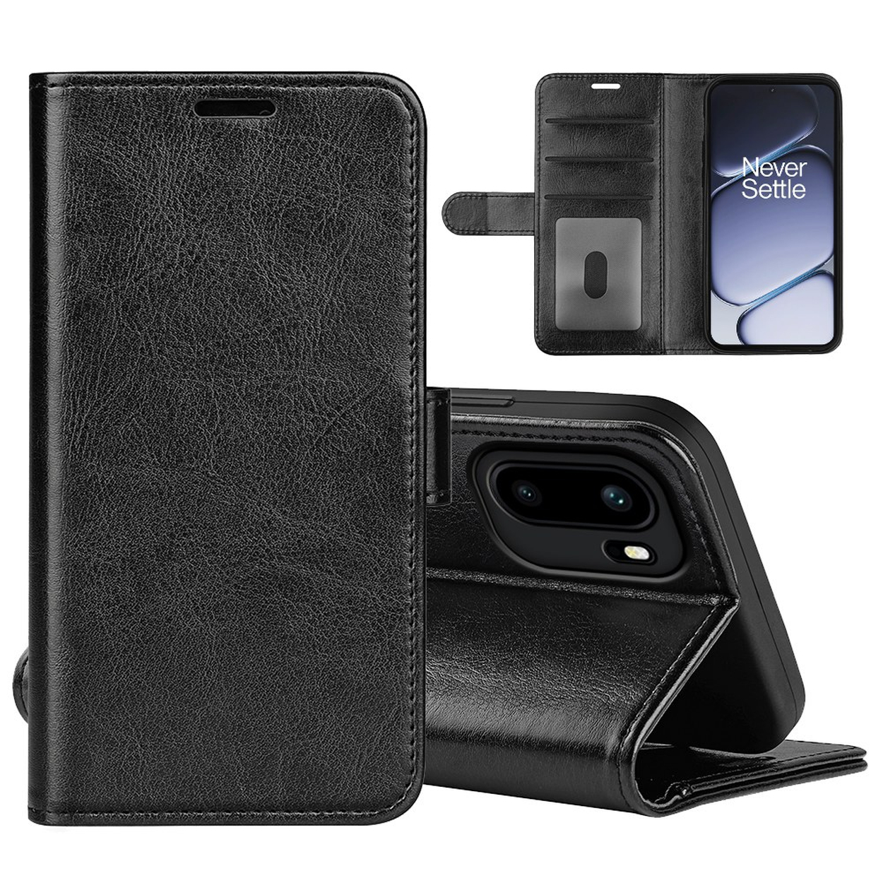 Zwarte leren flip case voor smartphone, met camerauitsparing.