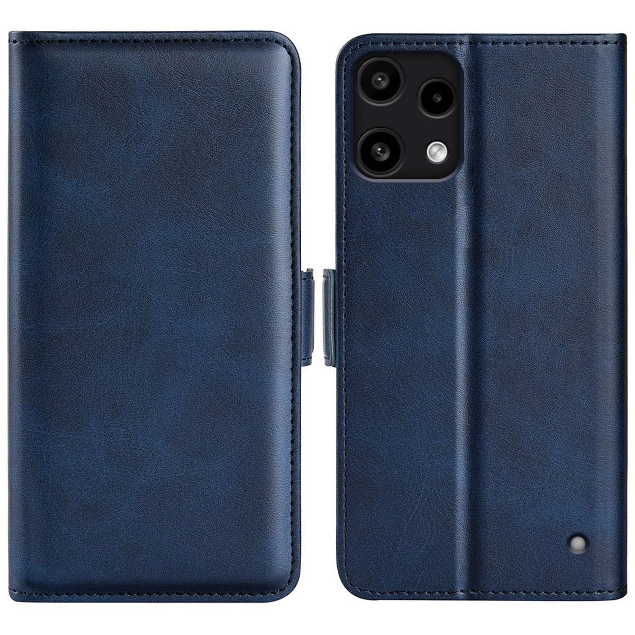 Open donkerblauwe telefoonhoes, met de binnenkant zichtbaar.