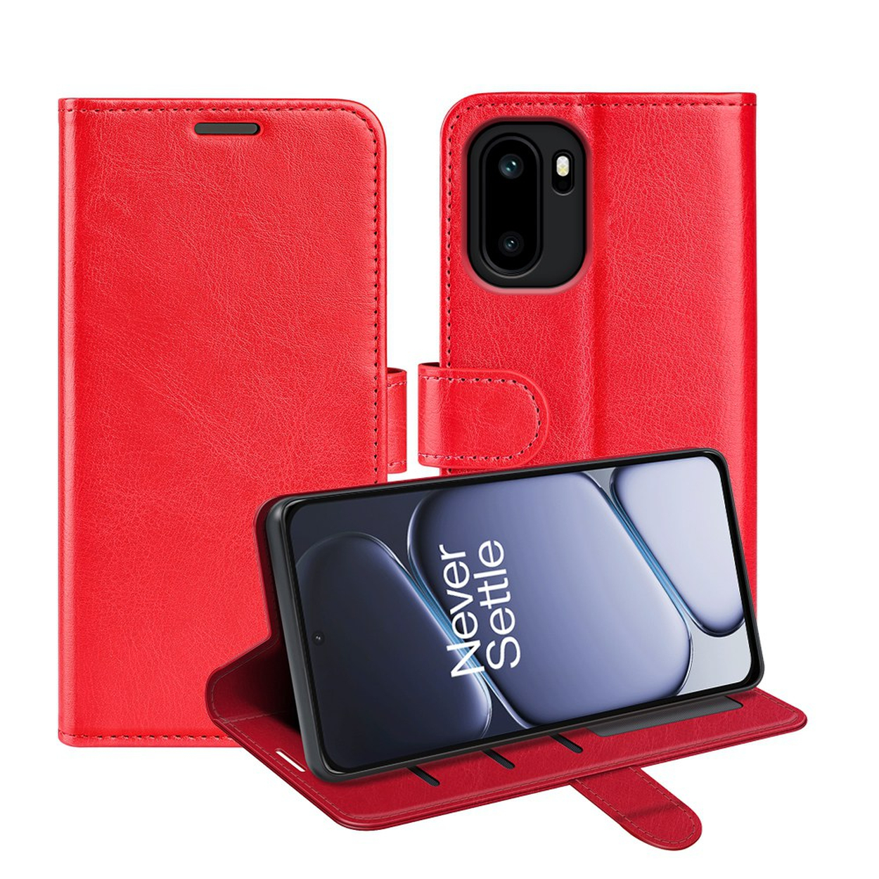 Rode telefoonhoes met open flap die een smartphone toont.