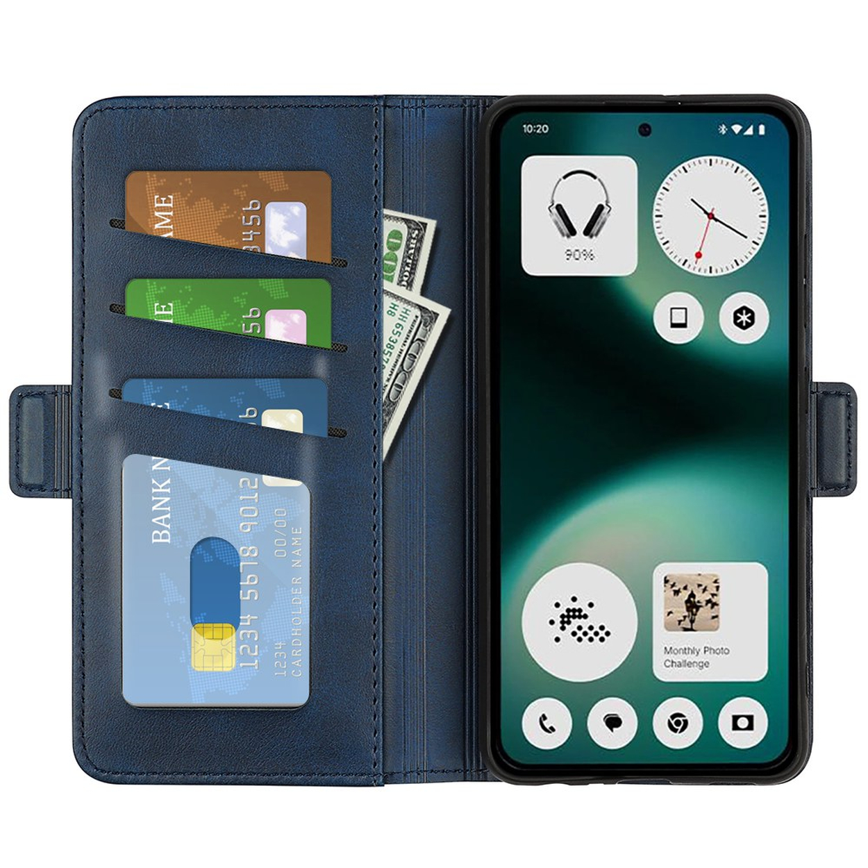 Blauwe portemonnee hoes met telefoon, kaarten en contant geld. Meerdere vakjes.
