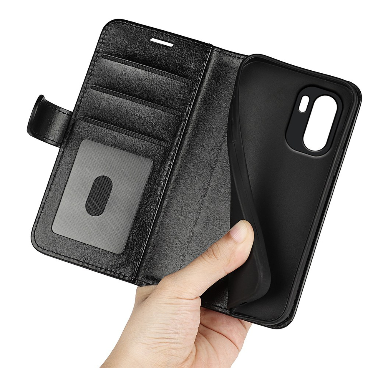 Zwarte flip telefoonhoes met kaartsleuven en camera-uitsparing.