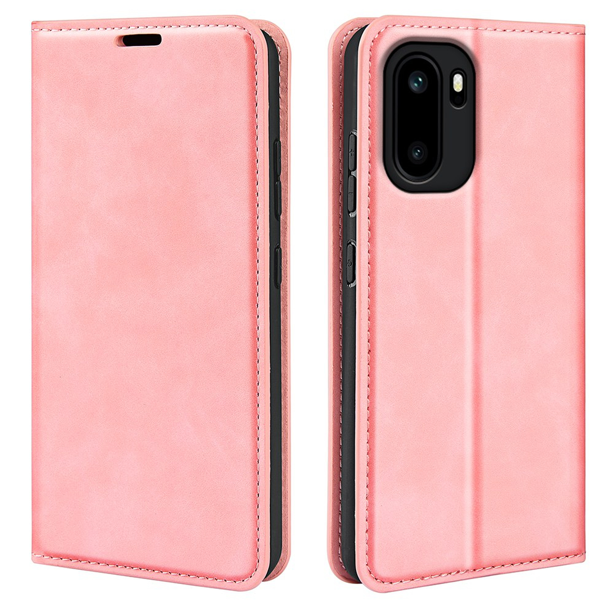 Een roze flip telefoonhoesje, open en gesloten, met camera-uitsparing.