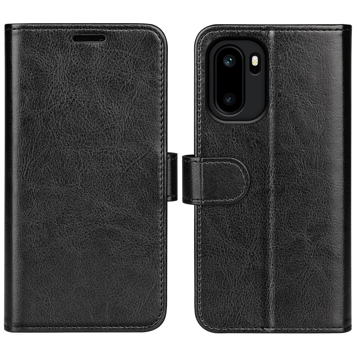 Zwarte leren flip telefoonhoes met camerauitsparing en riemsluiting.