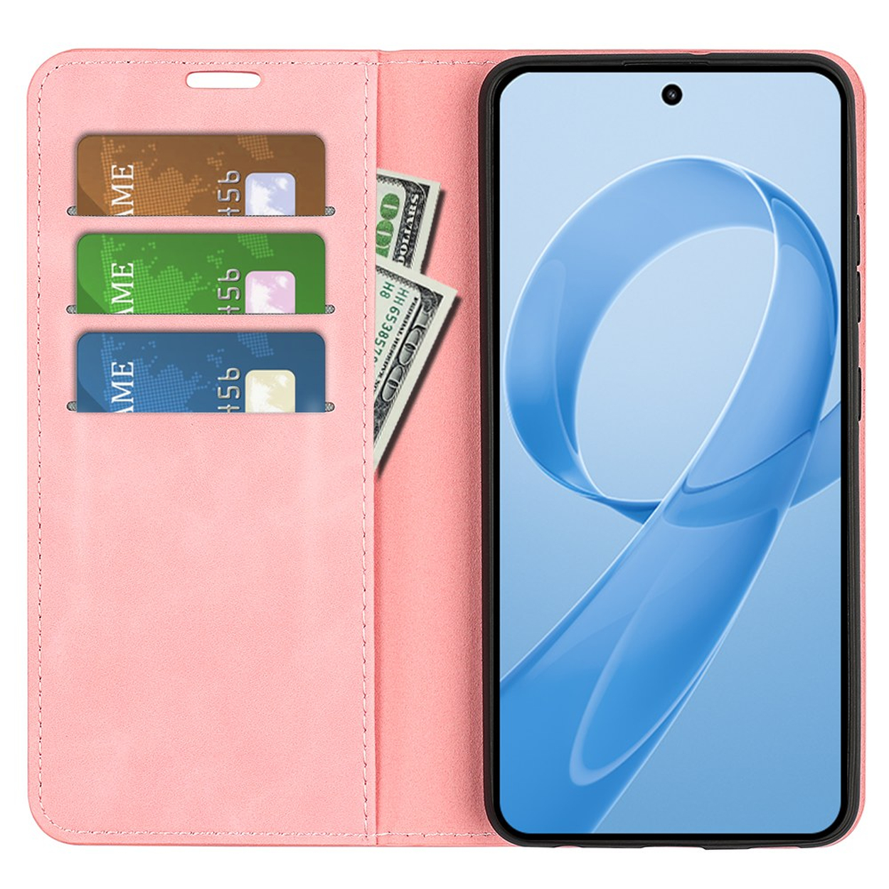 Een roze telefoonhoesje met kaartsleuven en bankbiljetten. De smartphone is open.
