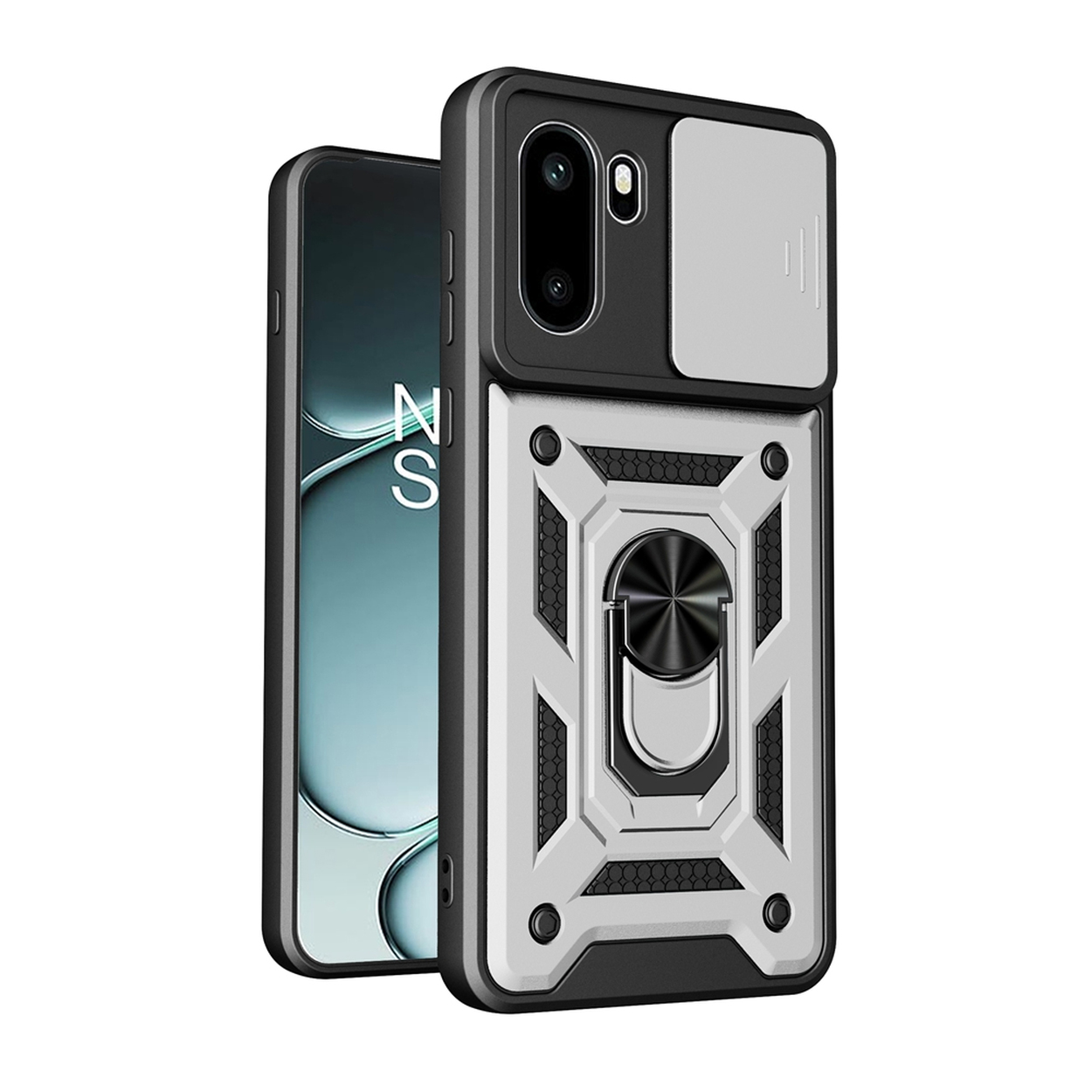Zwarte en zilveren telefoonhoes met cameralenskap en ringhouder.