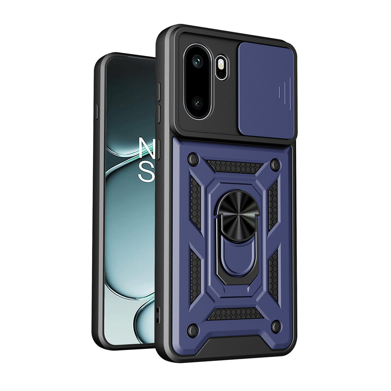 Coque de téléphone bleue avec support bague et cache caméra.