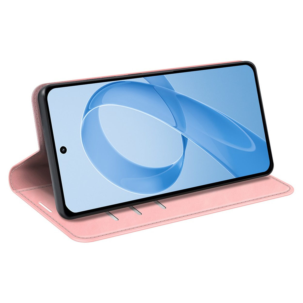 Een roze telefoonhoes in standaardmodus met een smartphone met blauw scherm.