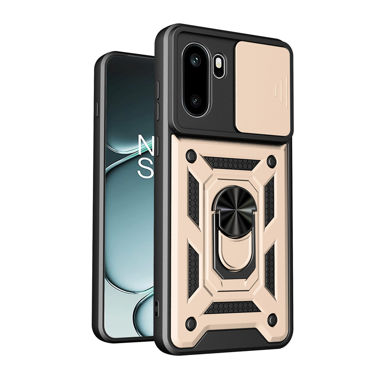 Une coque de téléphone noire et dorée avec curseur d'appareil photo et support anneau.