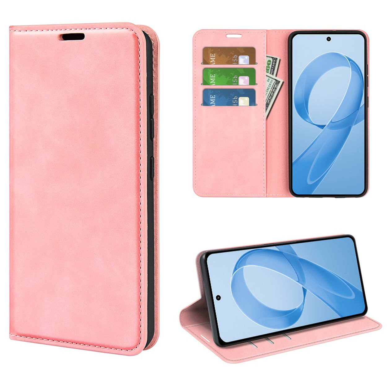 Een roze telefoonhoes met kaarthouders en een telefoon erin.