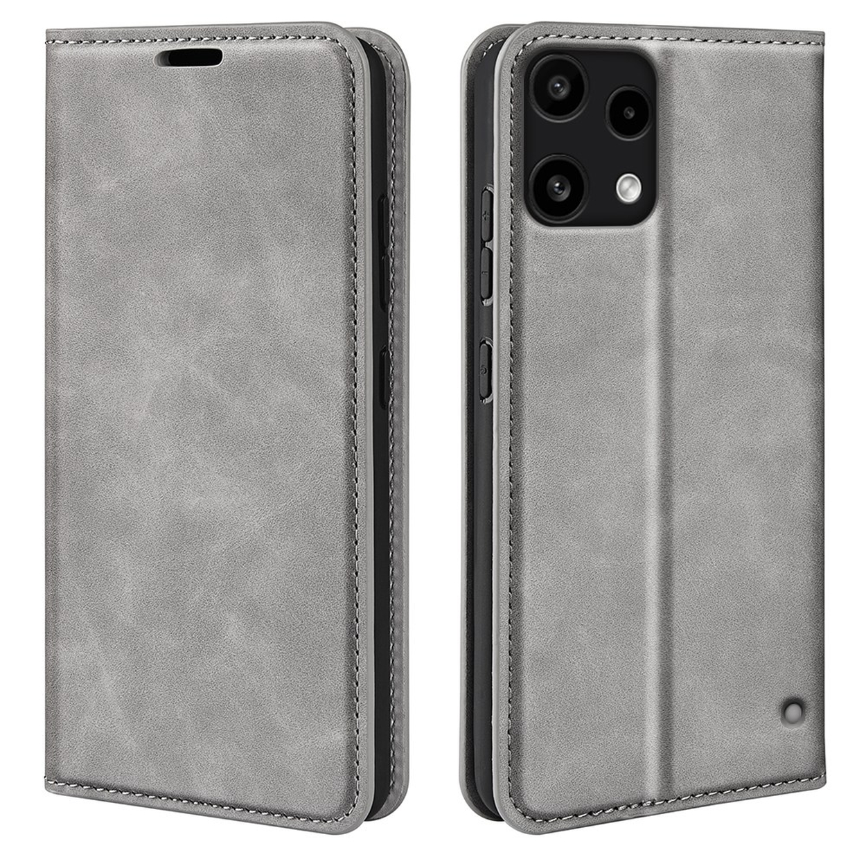 Étui de téléphone gris avec découpe caméra et boutons.