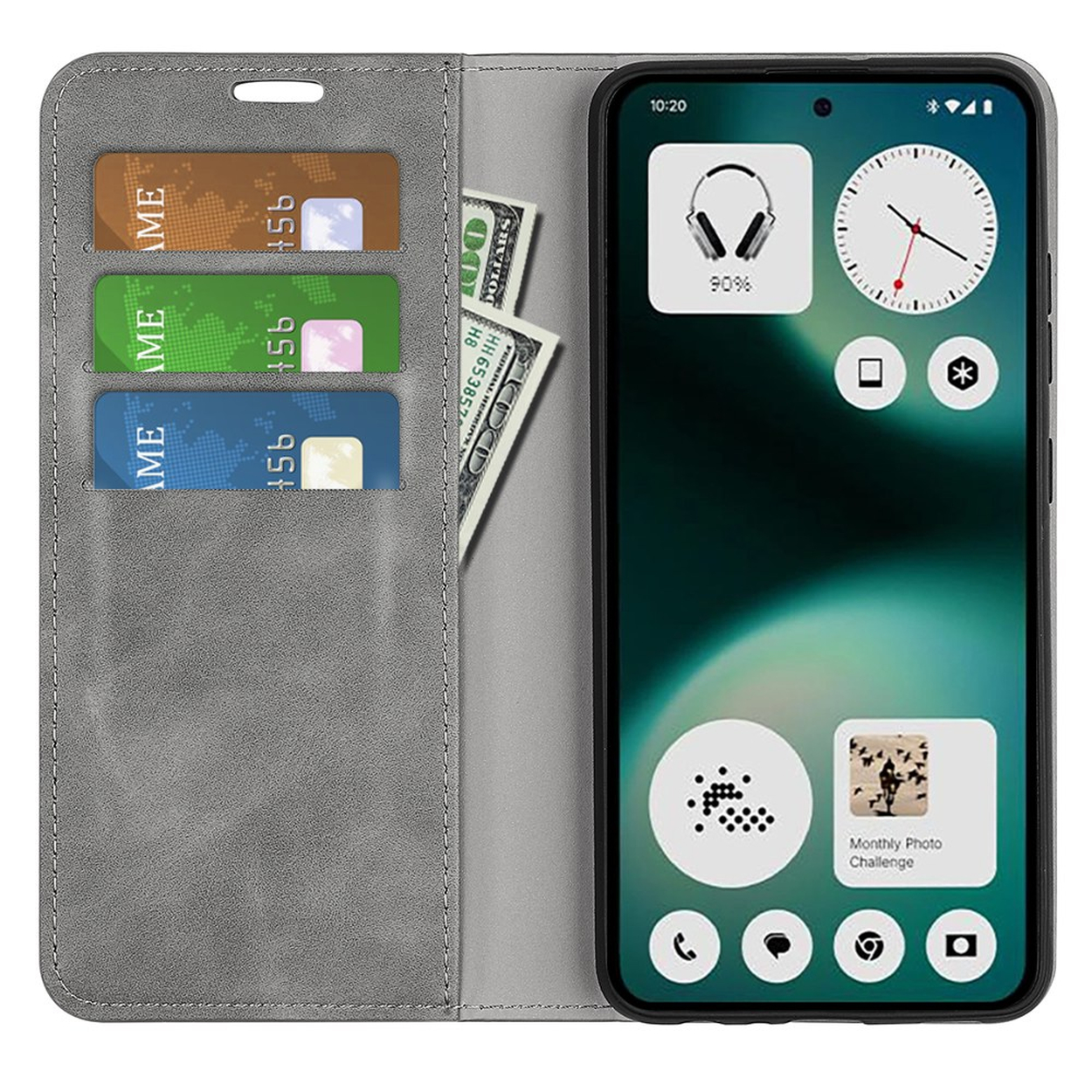 Étui de téléphone gris avec fentes pour cartes, billets et écran de smartphone.