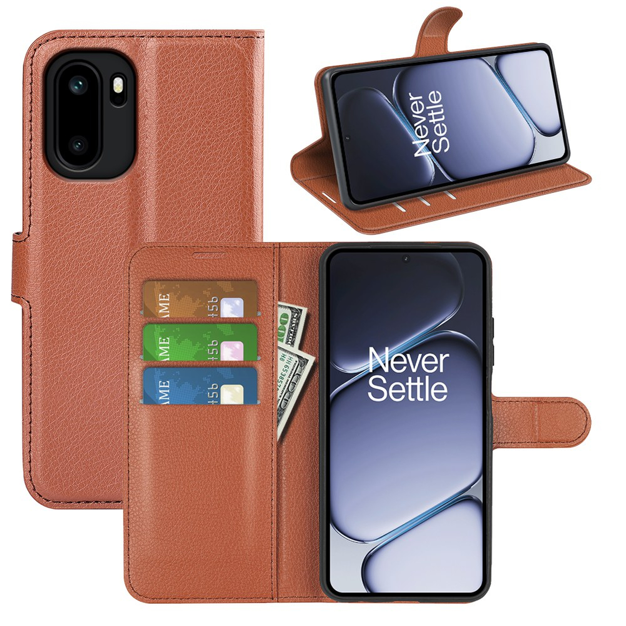 Étui portefeuille en cuir marron pour téléphone avec fentes pour cartes et argent.