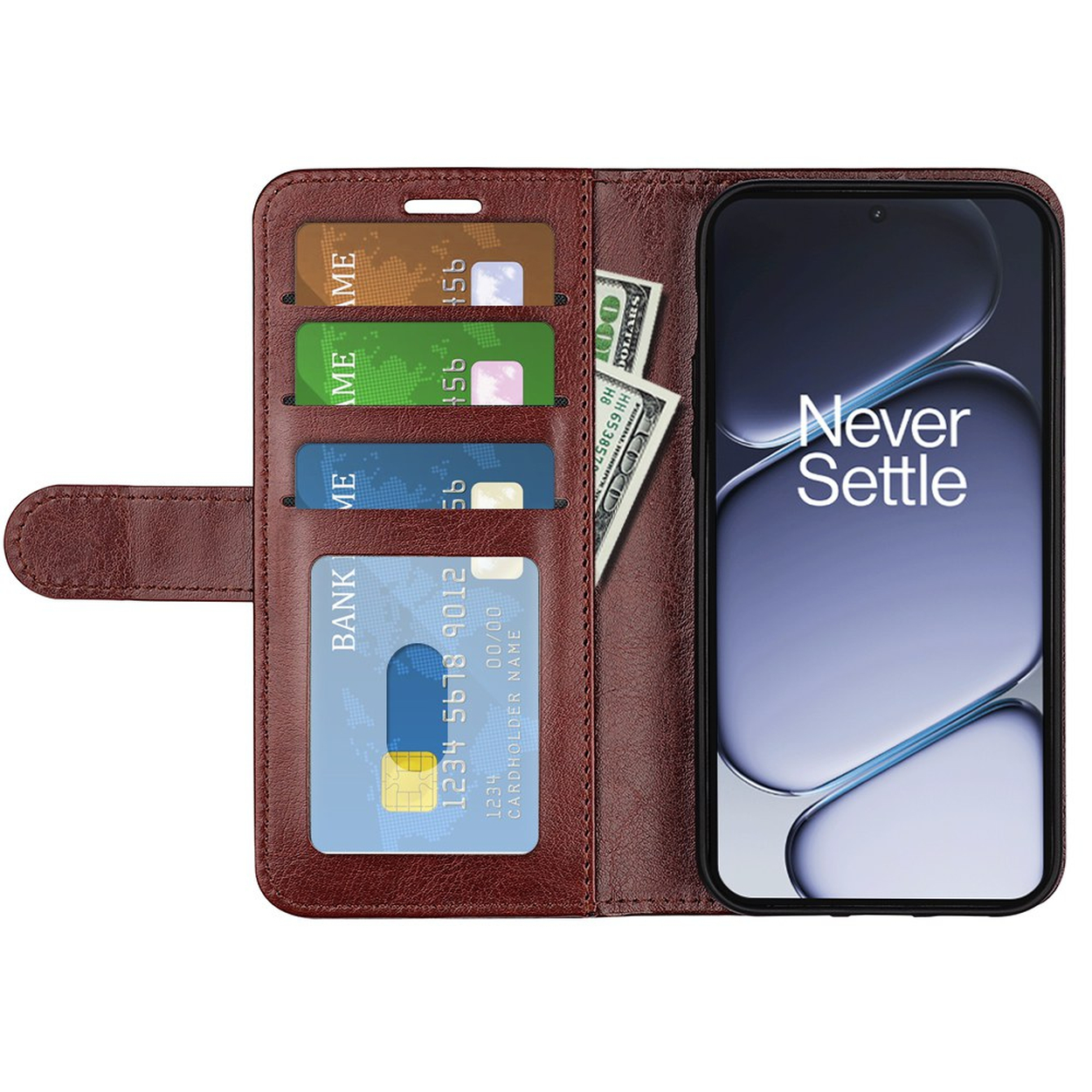 Bruine portemonnee met kaarten, contant geld en een smartphone met "Never Settle".