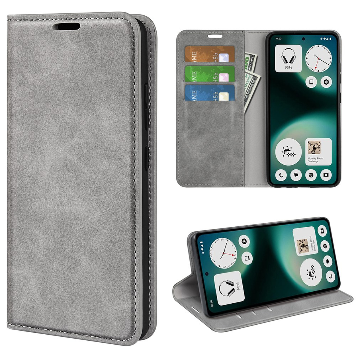 Étui à rabat gris pour téléphone avec fentes pour cartes et argent. Le téléphone affiche des widgets.