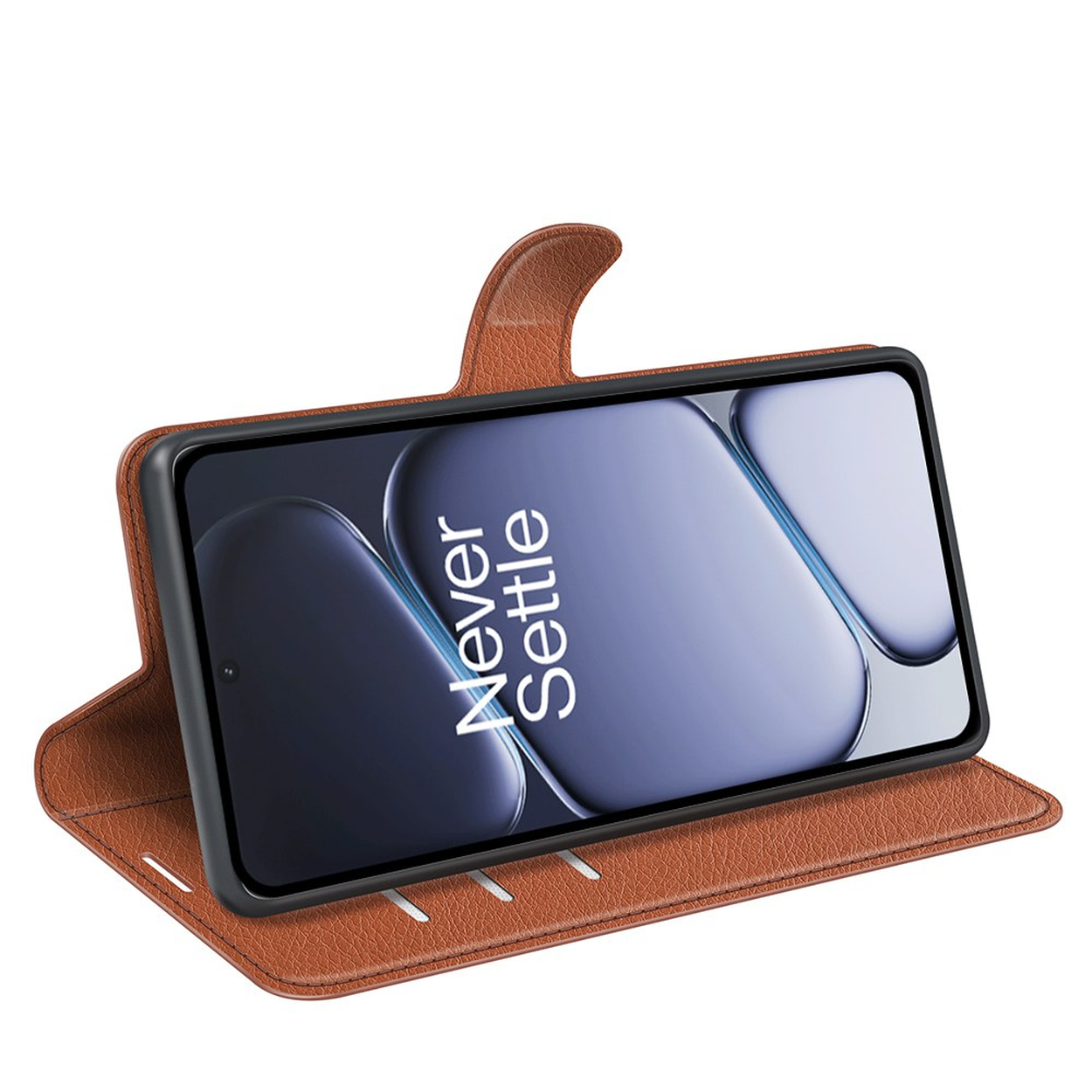 Un étui à rabat en cuir marron pour smartphone affichant "Never Settle".