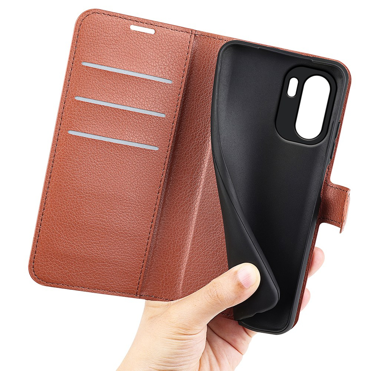 Étui portefeuille en cuir marron avec fentes pour cartes et support noir.