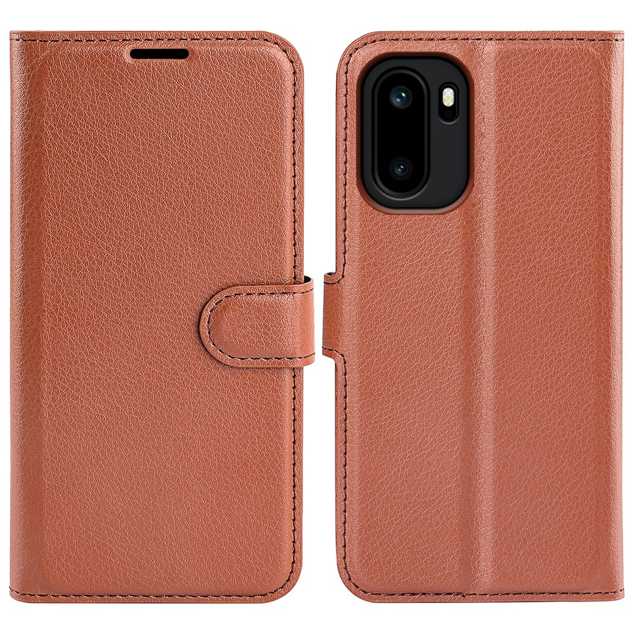 Étui en cuir marron avec découpe caméra et fermeture à sangle.