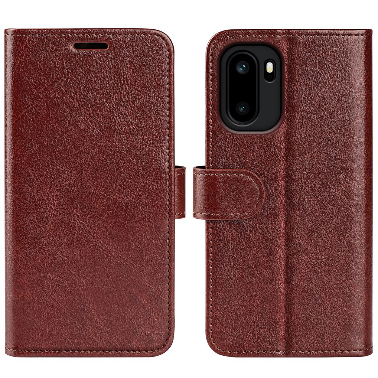 Bruine leren telefoonhoes, open zicht op voor- en achterkant.
