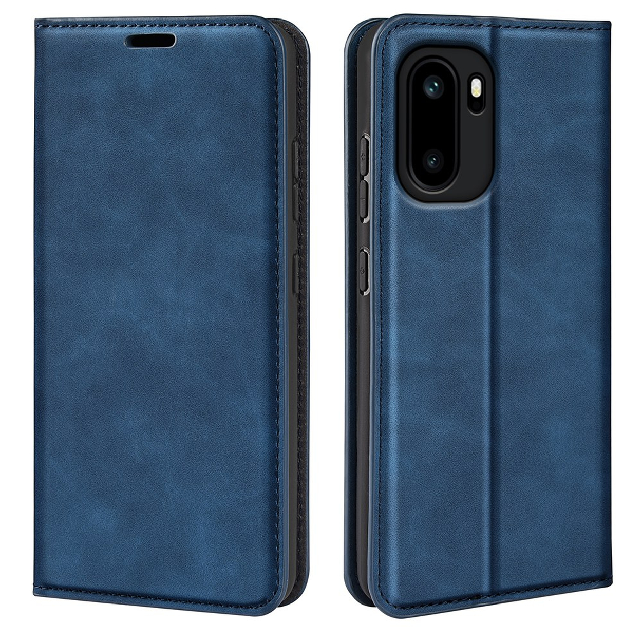 Blauw leren telefoonhoesje, gesloten en open getoond met camera-uitsparing.