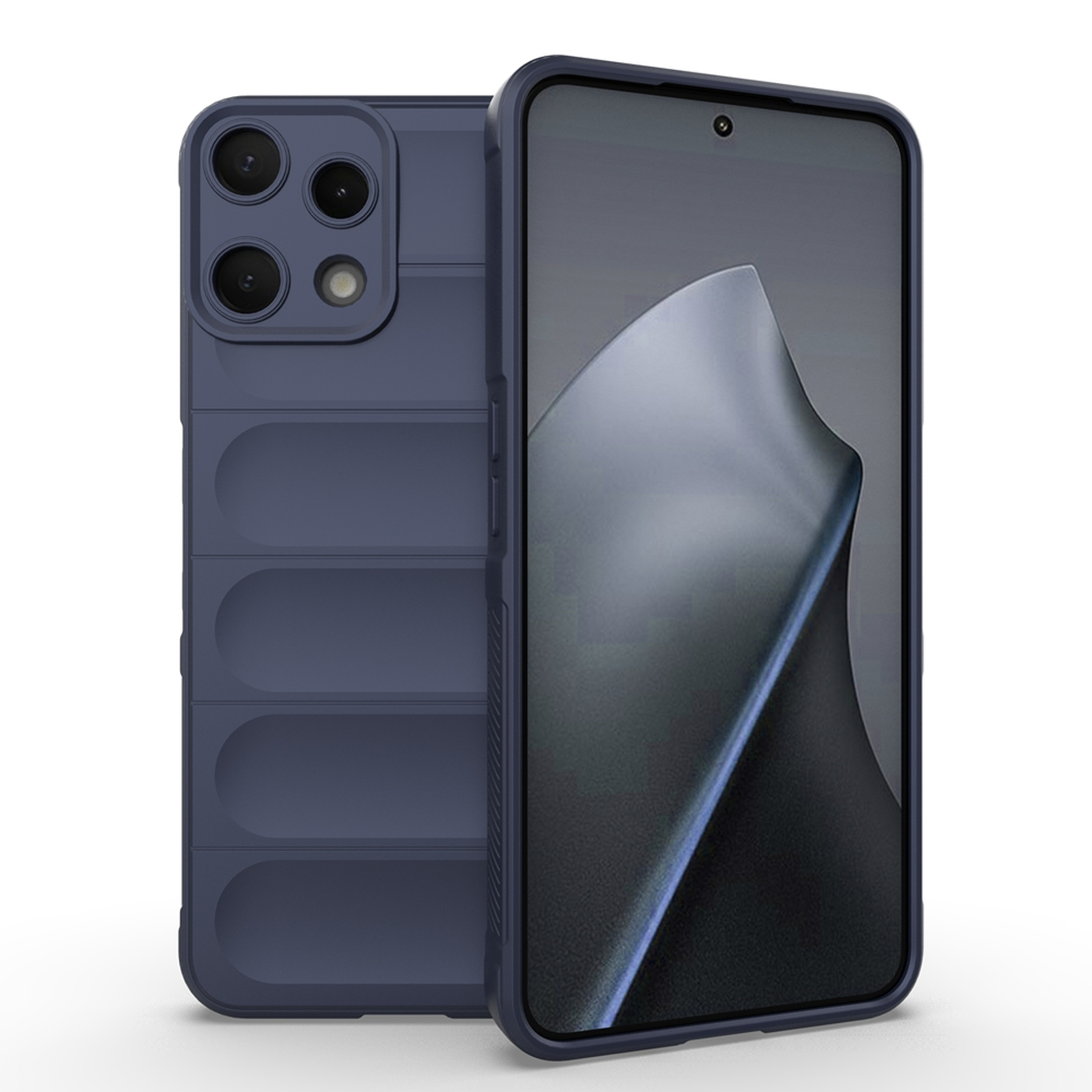 Donkerblauwe telefoonhoes met vier camera's aan de achterkant en een smartphonescherm.