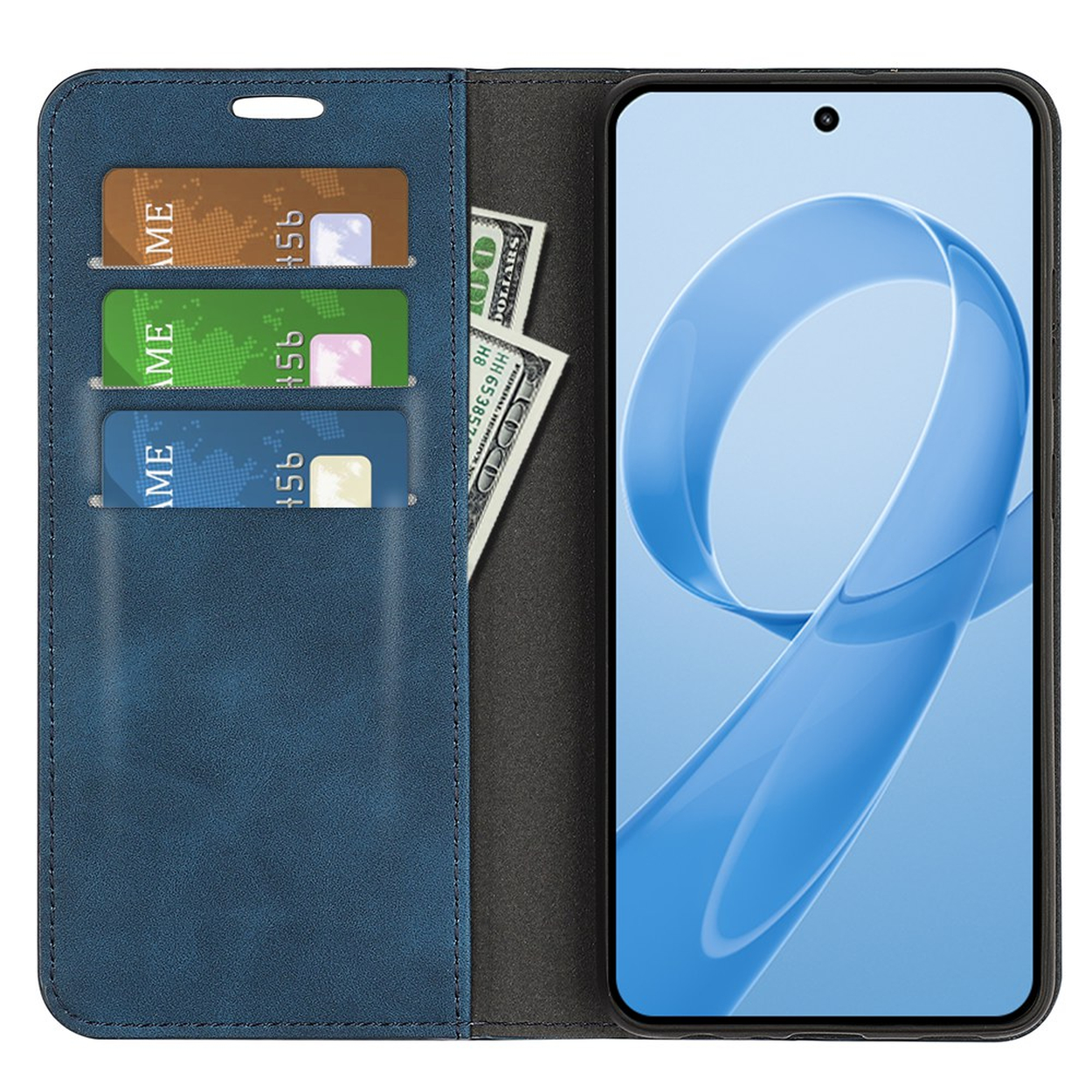 Blauw telefoonhoesje met kaartsleuven, bankbiljetten en een smartphone.