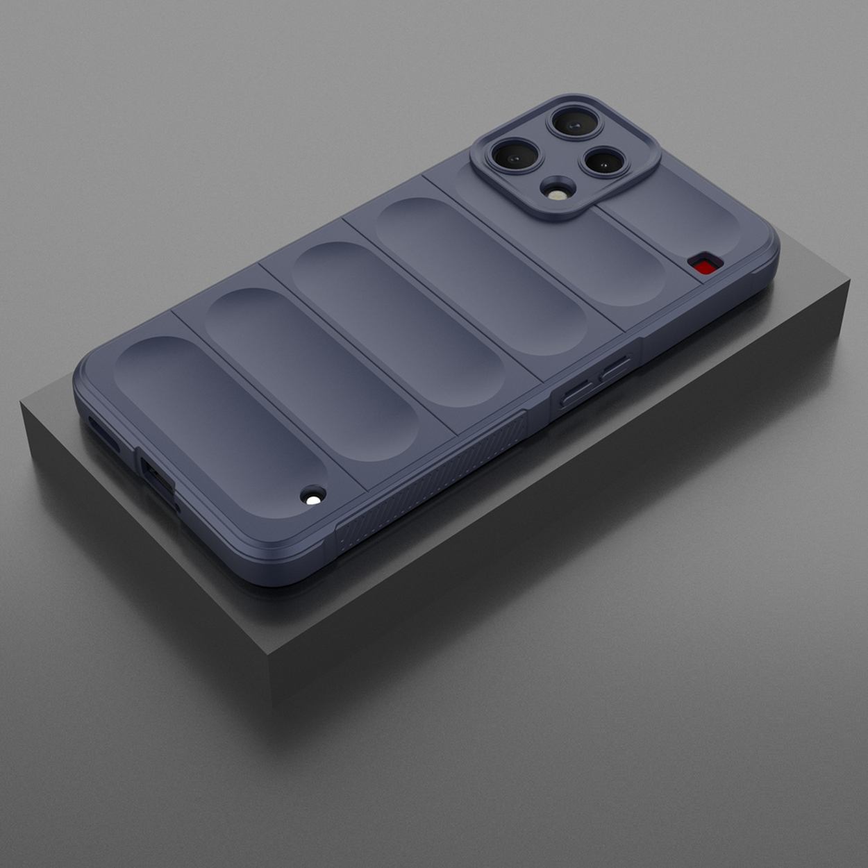 Donkerblauwe telefoonhoes met cameramodule en groeven op grijze ondergrond.