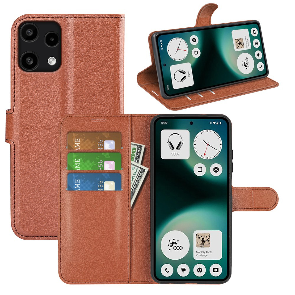 Étui de téléphone marron avec fentes pour cartes, billets et un smartphone.