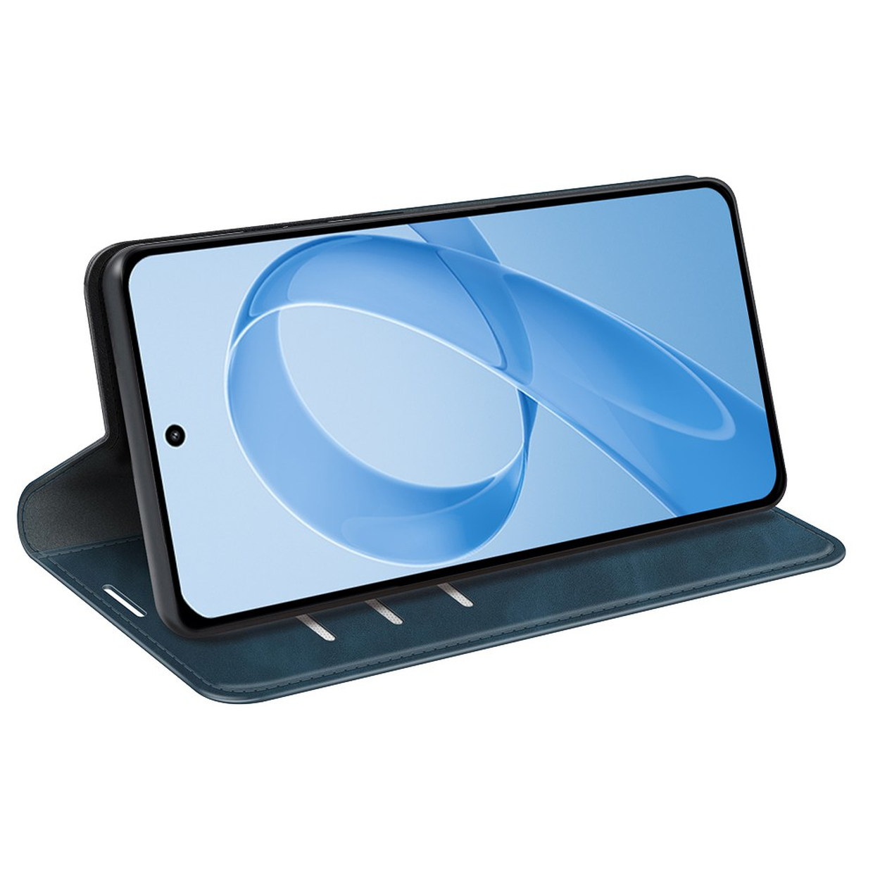 Een blauwe smartphone in een open flipcase, tegen een blauwe abstracte achtergrond.