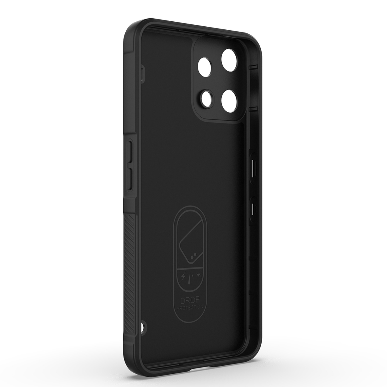 Zwarte telefoonhoes binnenkant met camera-uitsparingen en symbool.