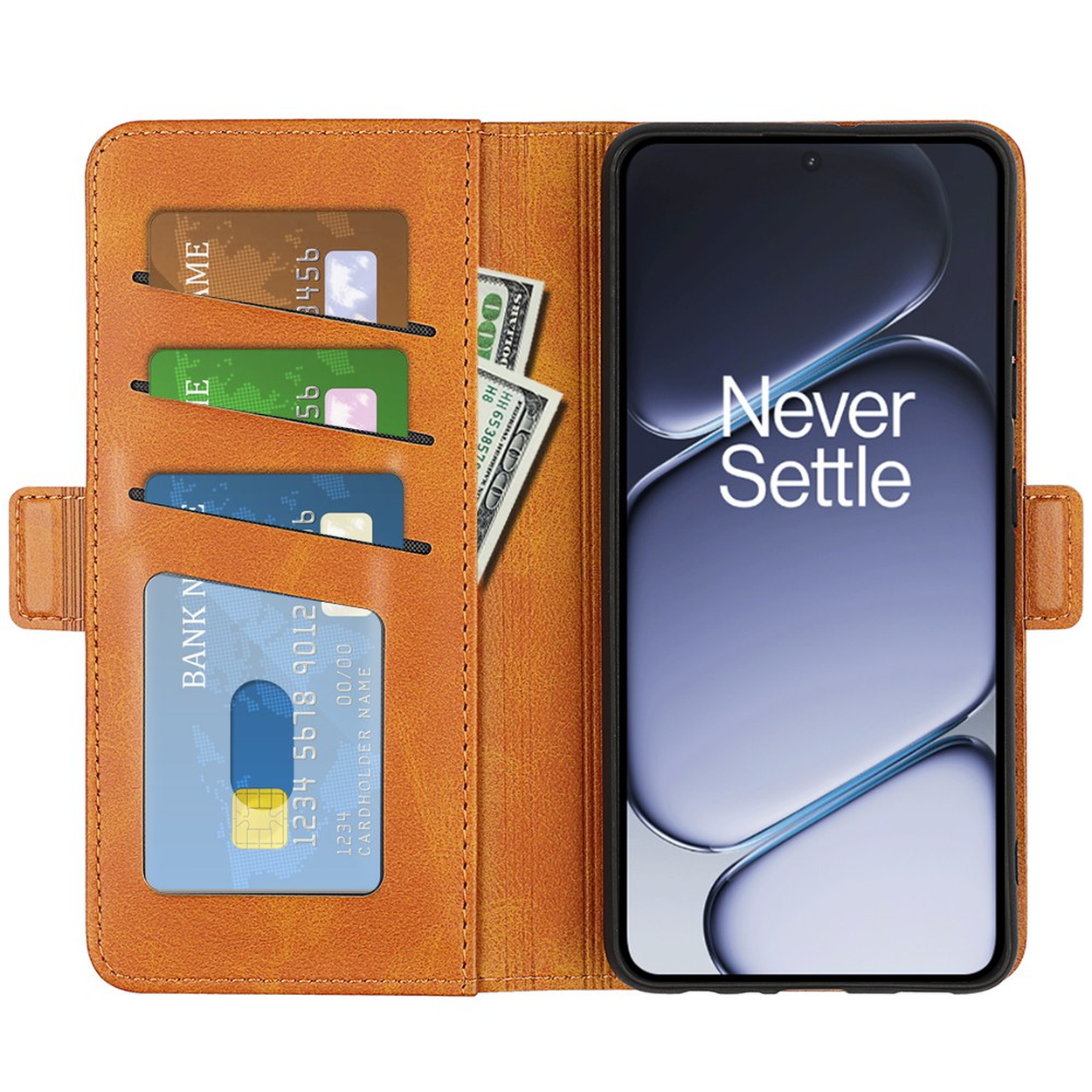 Un portefeuille marron avec fentes pour cartes et billets, à côté d'un smartphone.