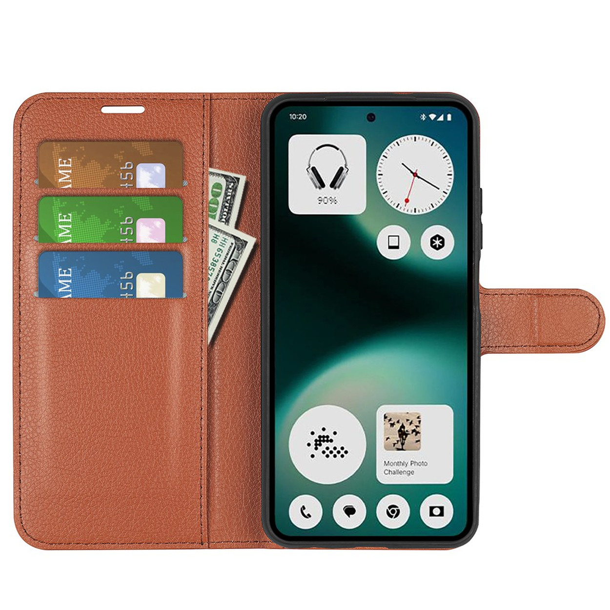Étui de téléphone marron avec fentes pour cartes, argent et smartphone avec widgets.