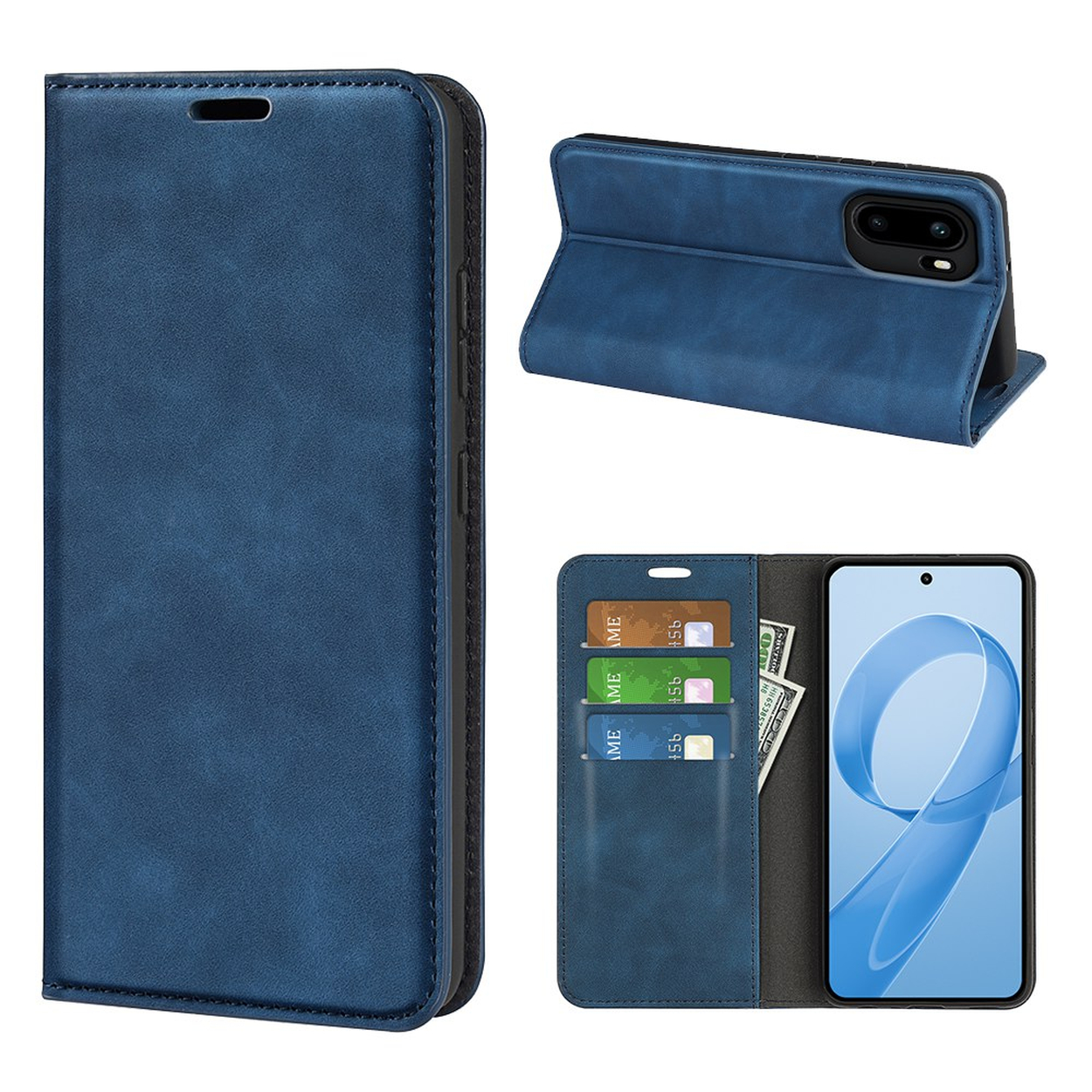 Blauwe leren telefoonhoes, voor-, achterkant, kaarthouder met kaarten en geld.