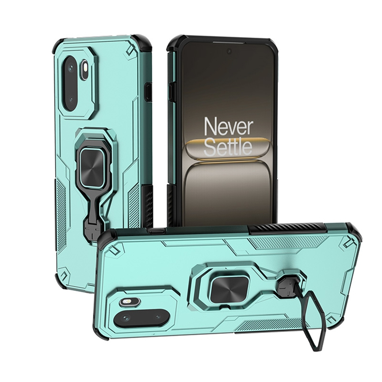 Coque de téléphone bleu sarcelle avec support anneau et protection caméra.