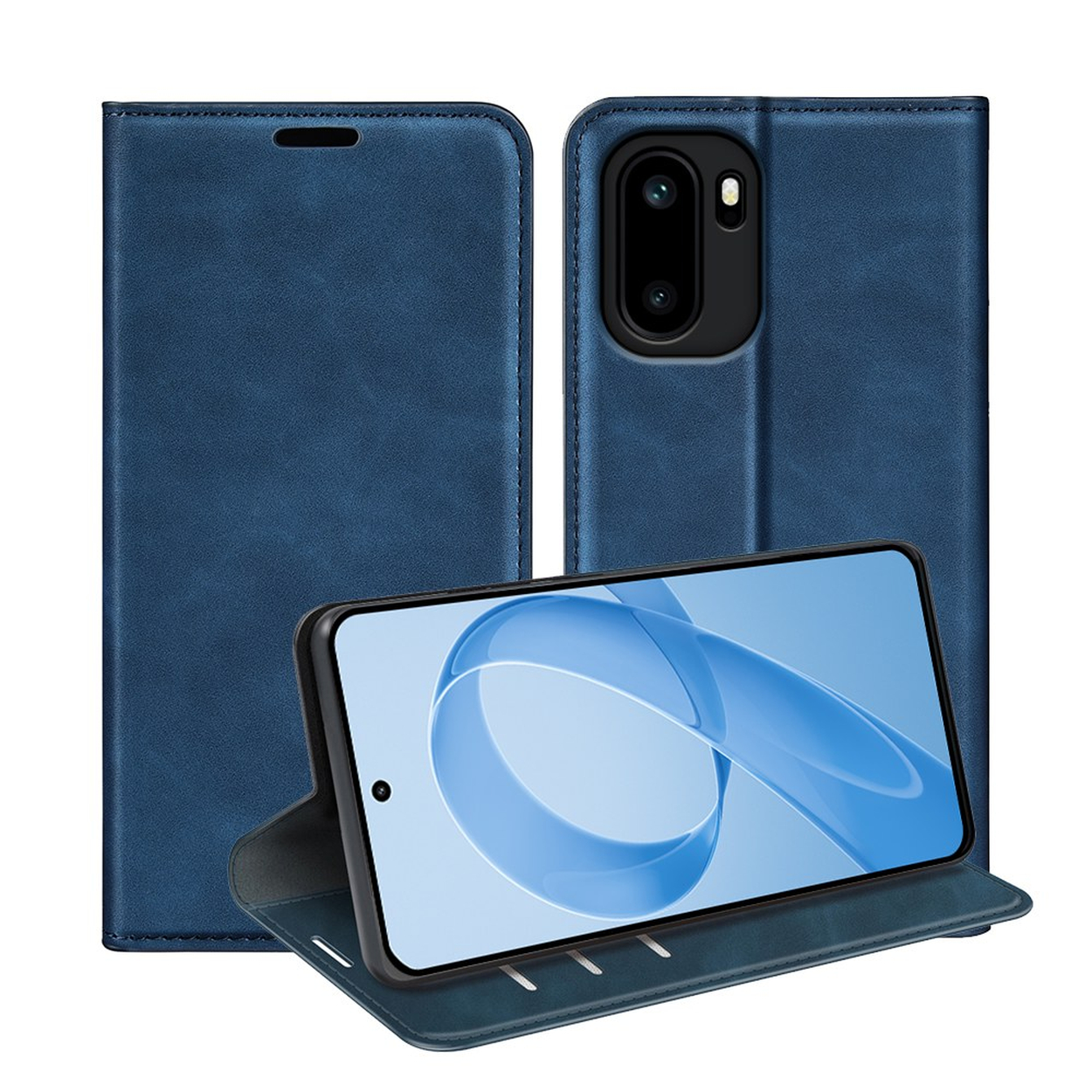 Blauw telefoonhoesje open en gesloten, met smartphone erin.