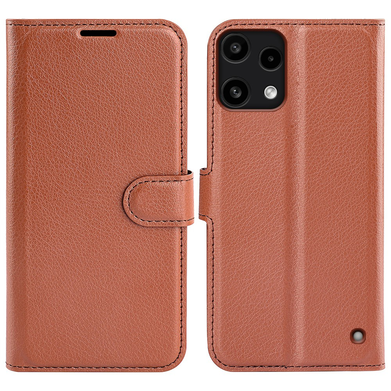 Étui de téléphone en cuir marron avec fermeture magnétique et découpe caméra.