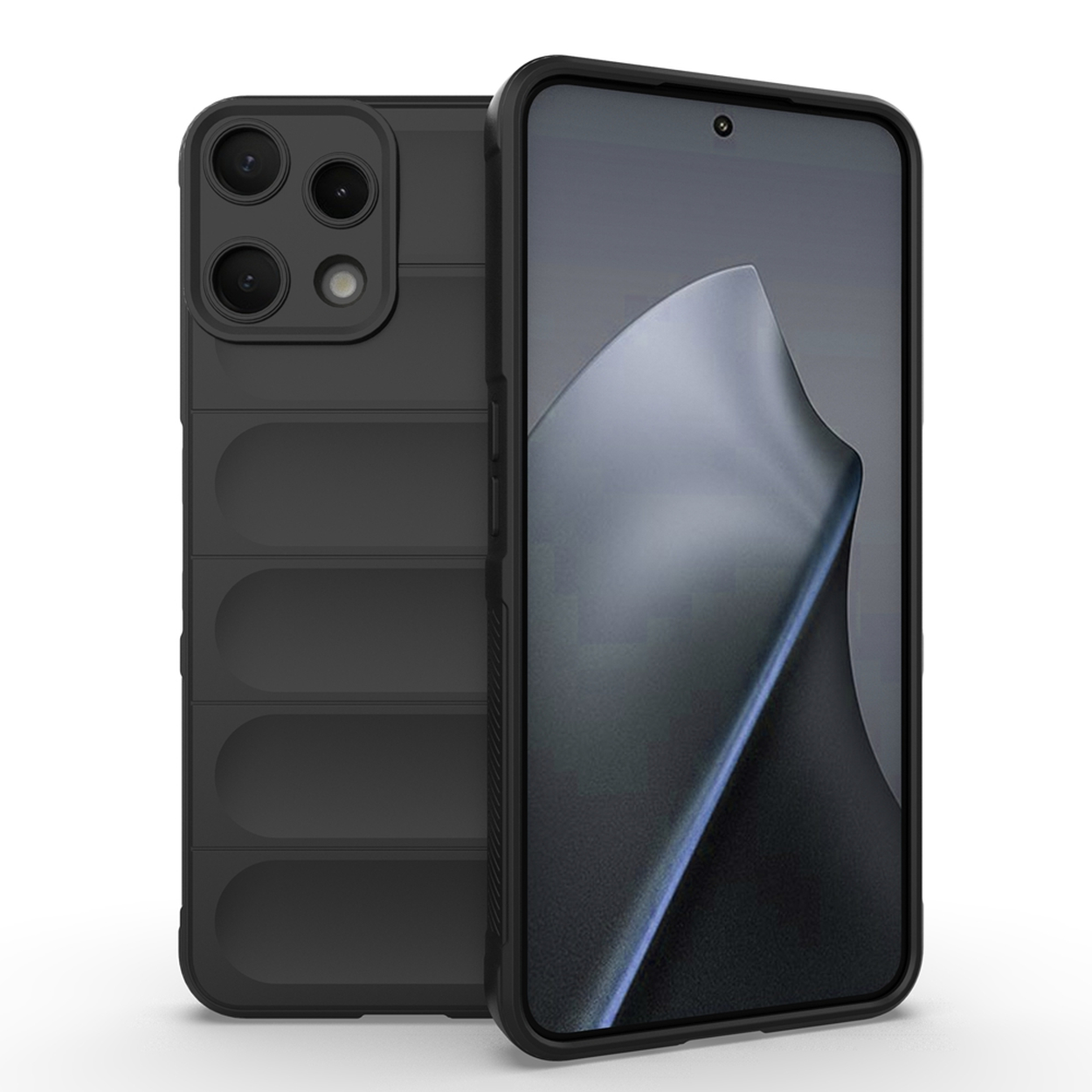 Un smartphone noir avec un dos à quatre caméras et une texture côtelée.
