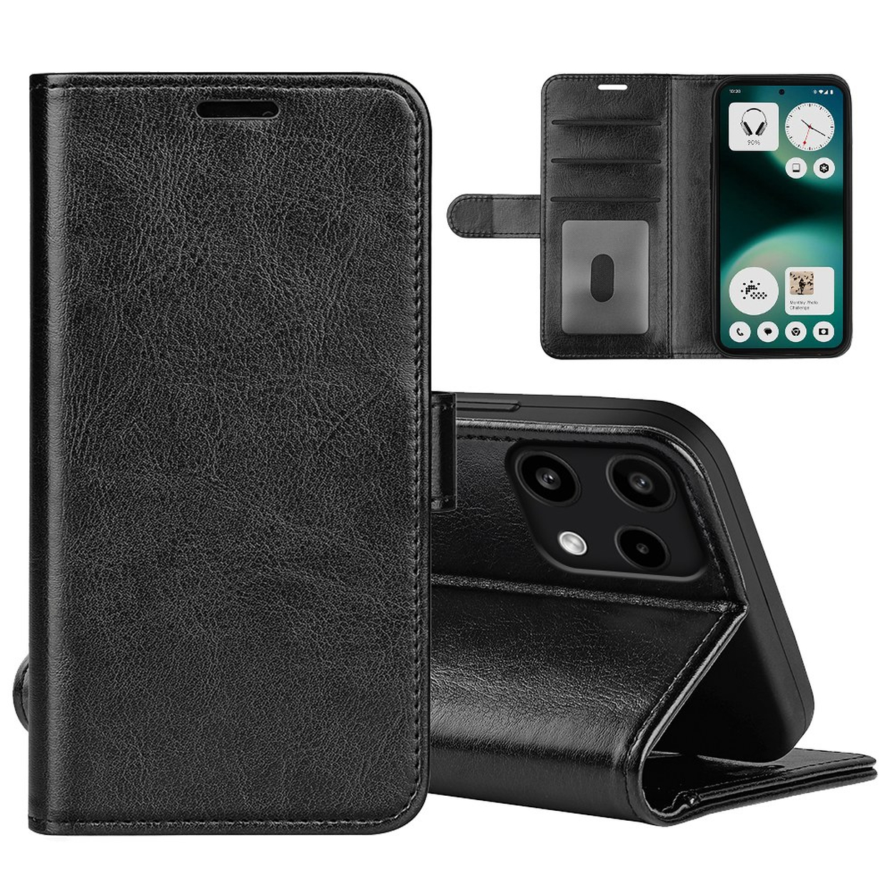Zwarte leren flip case voor smartphone, open met camera's en scherm zichtbaar.