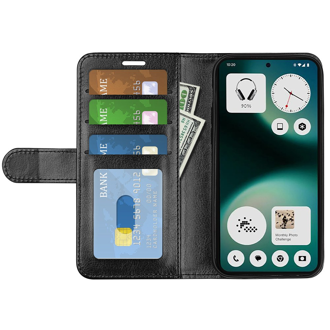 Zwarte telefoonportemonnee met kaartsleuven, contant geld en een smartphone.