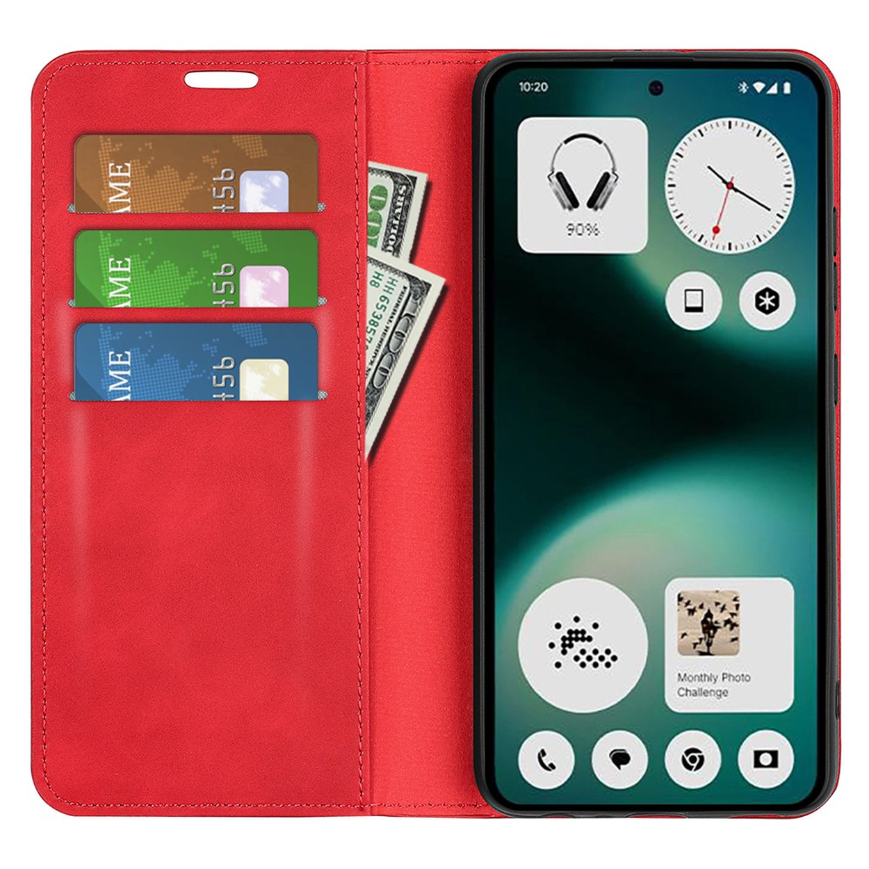 Rode telefoonhoes met kaarthouders en bankbiljetten, naast een smartphone.