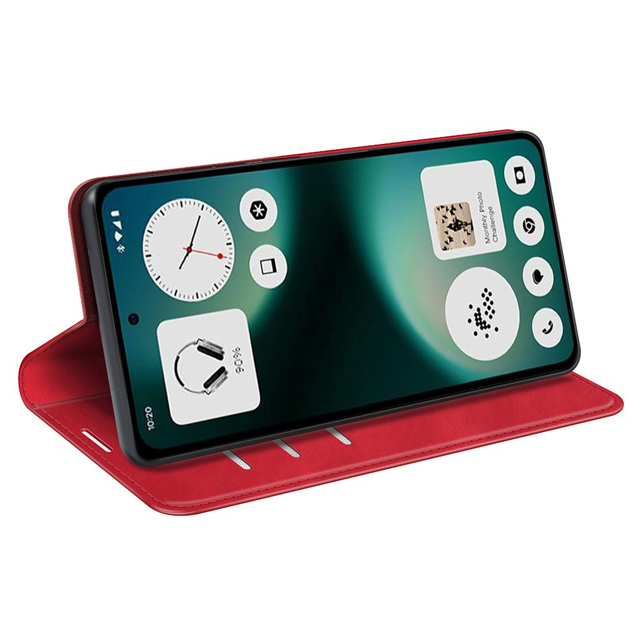 Rode smartphone in open hoesje, met klok en koptelefoon widget.