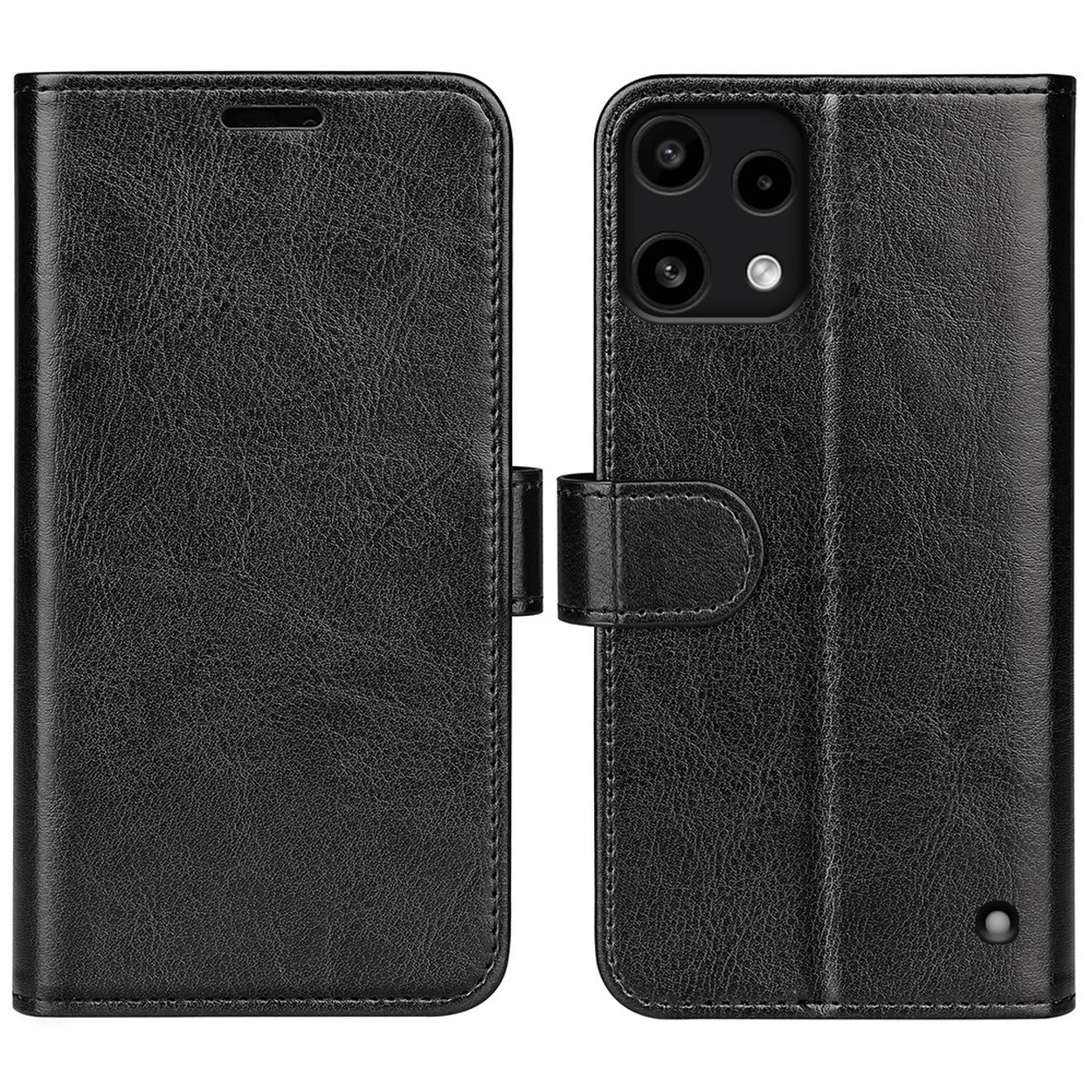 Zwarte leren flipcase voor smartphone, voor- en achterkant getoond.
